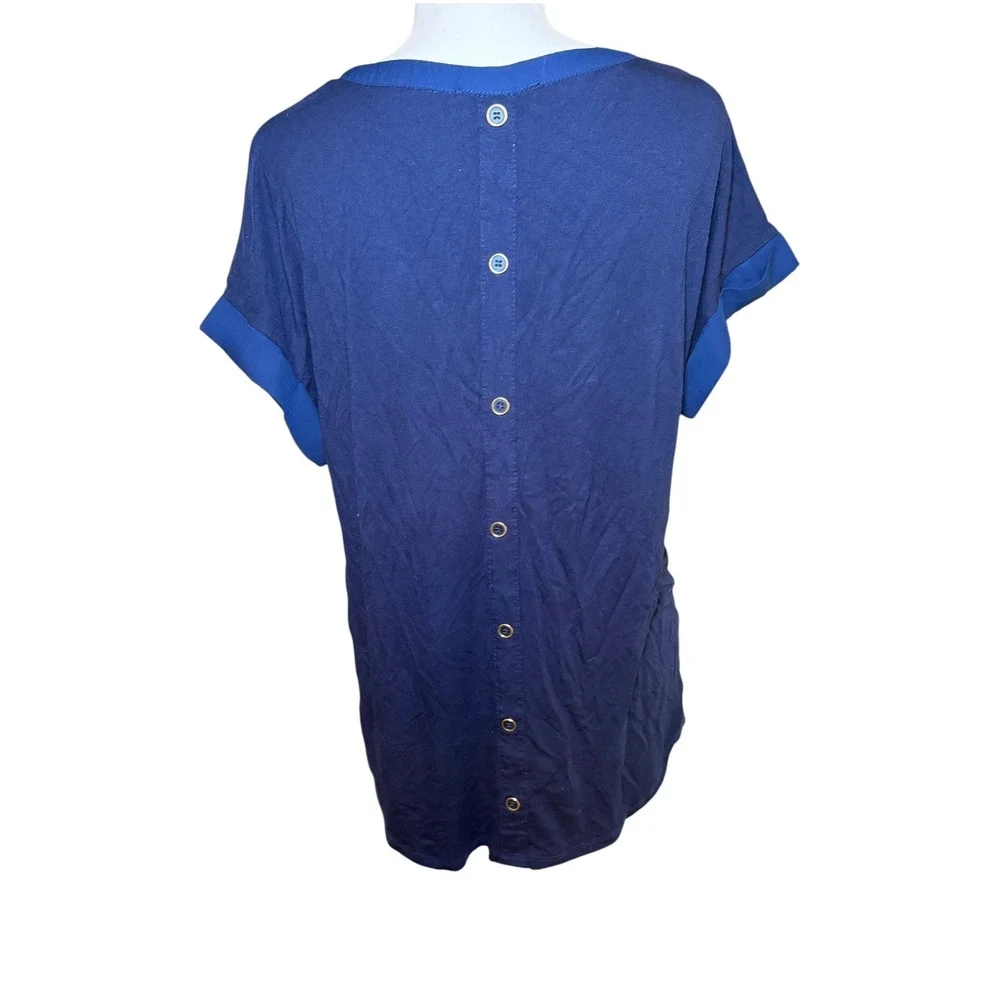 Cable & Gauge Blouse Womens XL Navy Blue Good Button Back V-Neck Short Sleeve - Picture 6 of 9